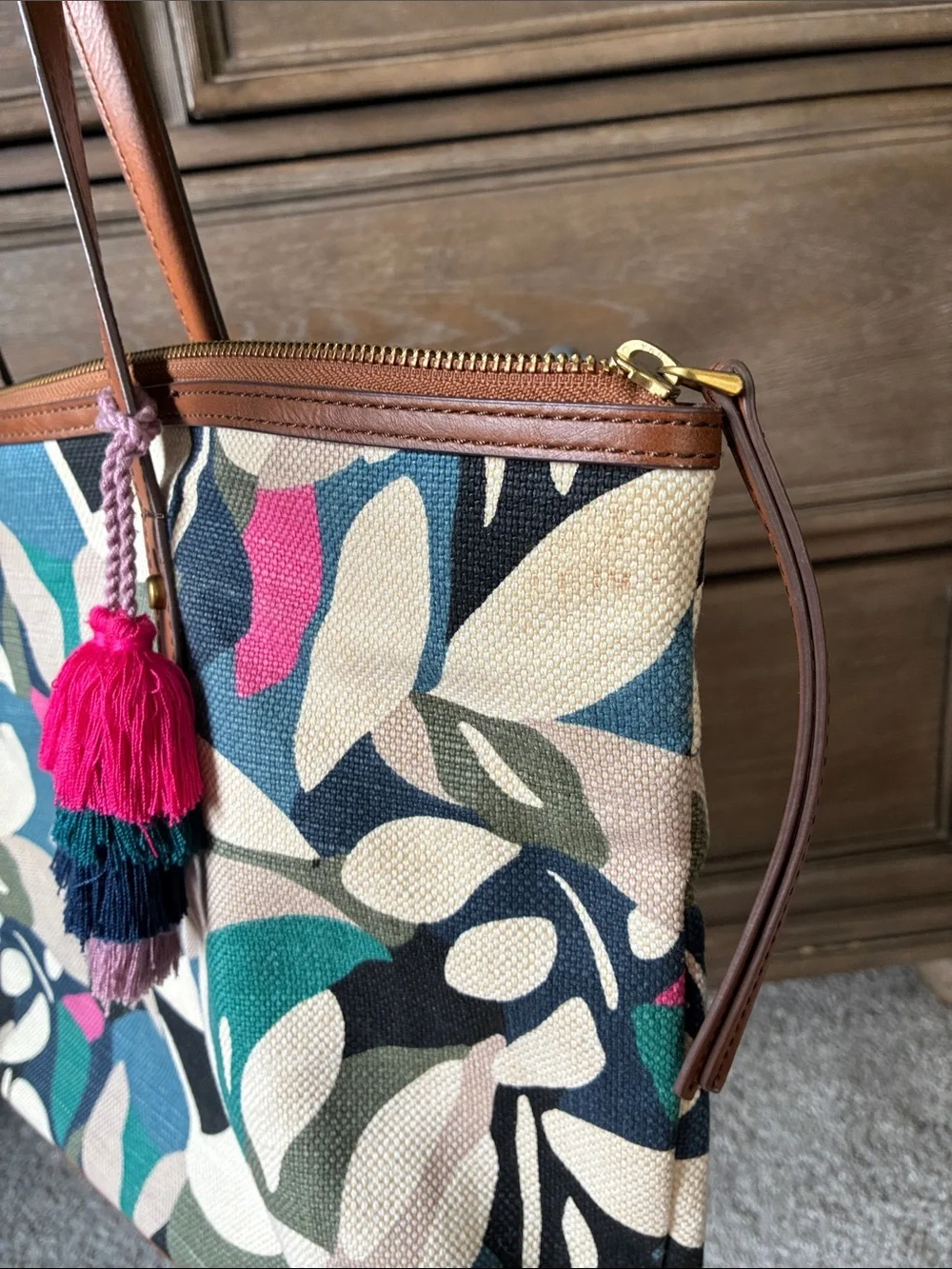 Fossil Canvas Tote in Multicolor Leaf Print with Tan Leather Handles